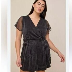 Torrid Black Silver Metallic Knit Surplice Romper Sheer Flutter Sleeve 6X NEW